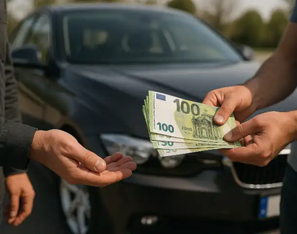 Ein zufriedener Kunde erhält Bargeld beim Autoankauf in Schwetzingen.
